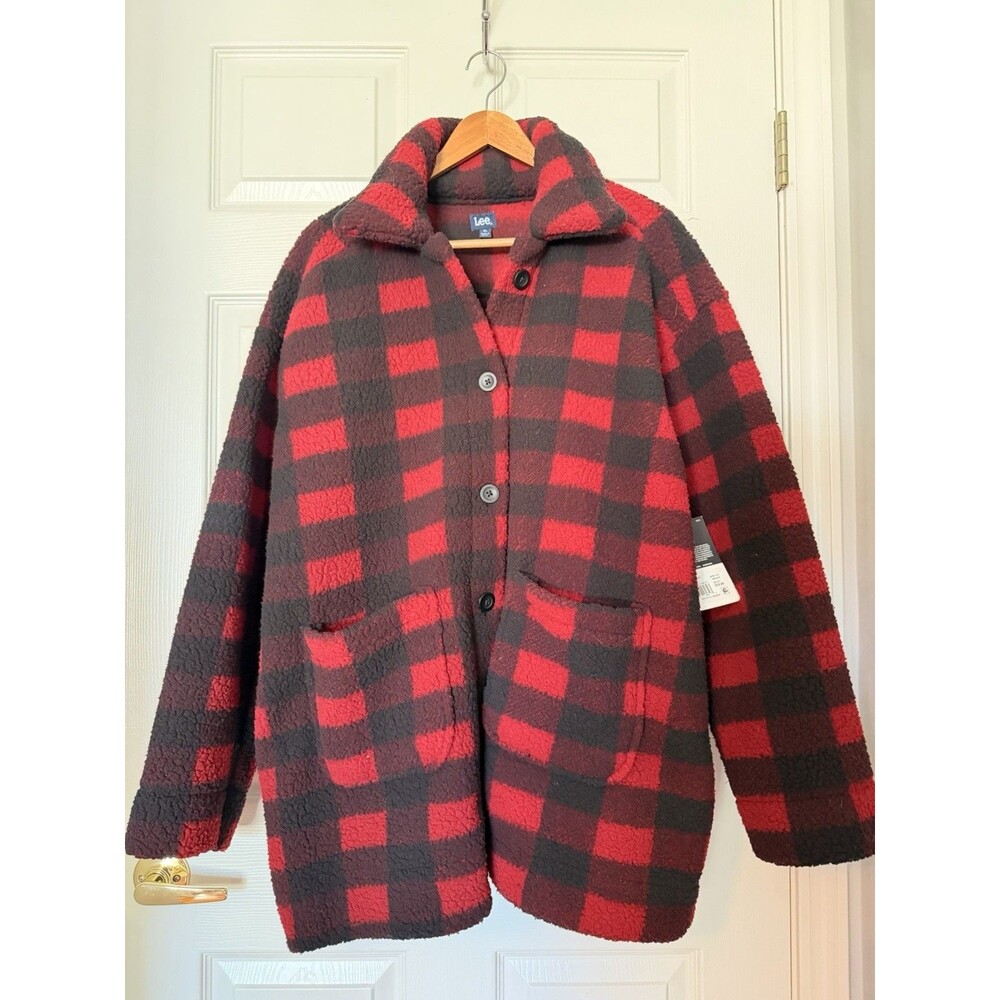 Lee Women’s XL Plaid Sherpa Shacket Coat NWT Red Burgundy Black Fleece